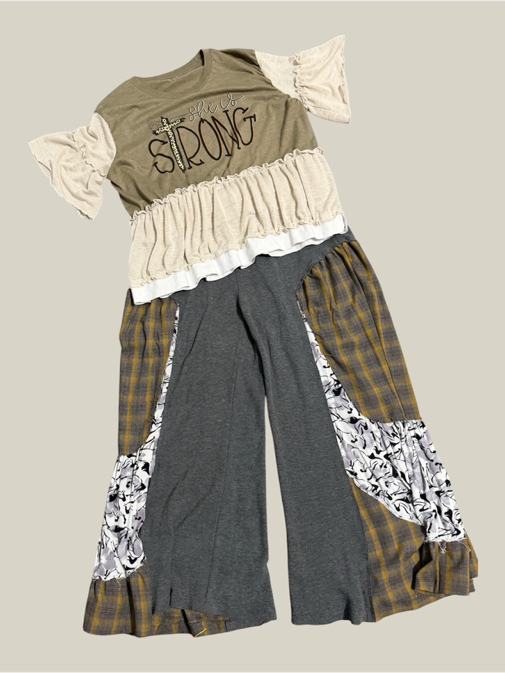 POL Gray Knit Pants w/ Plaid and Floral Designs M - She Is Strong Upcycled Tee L